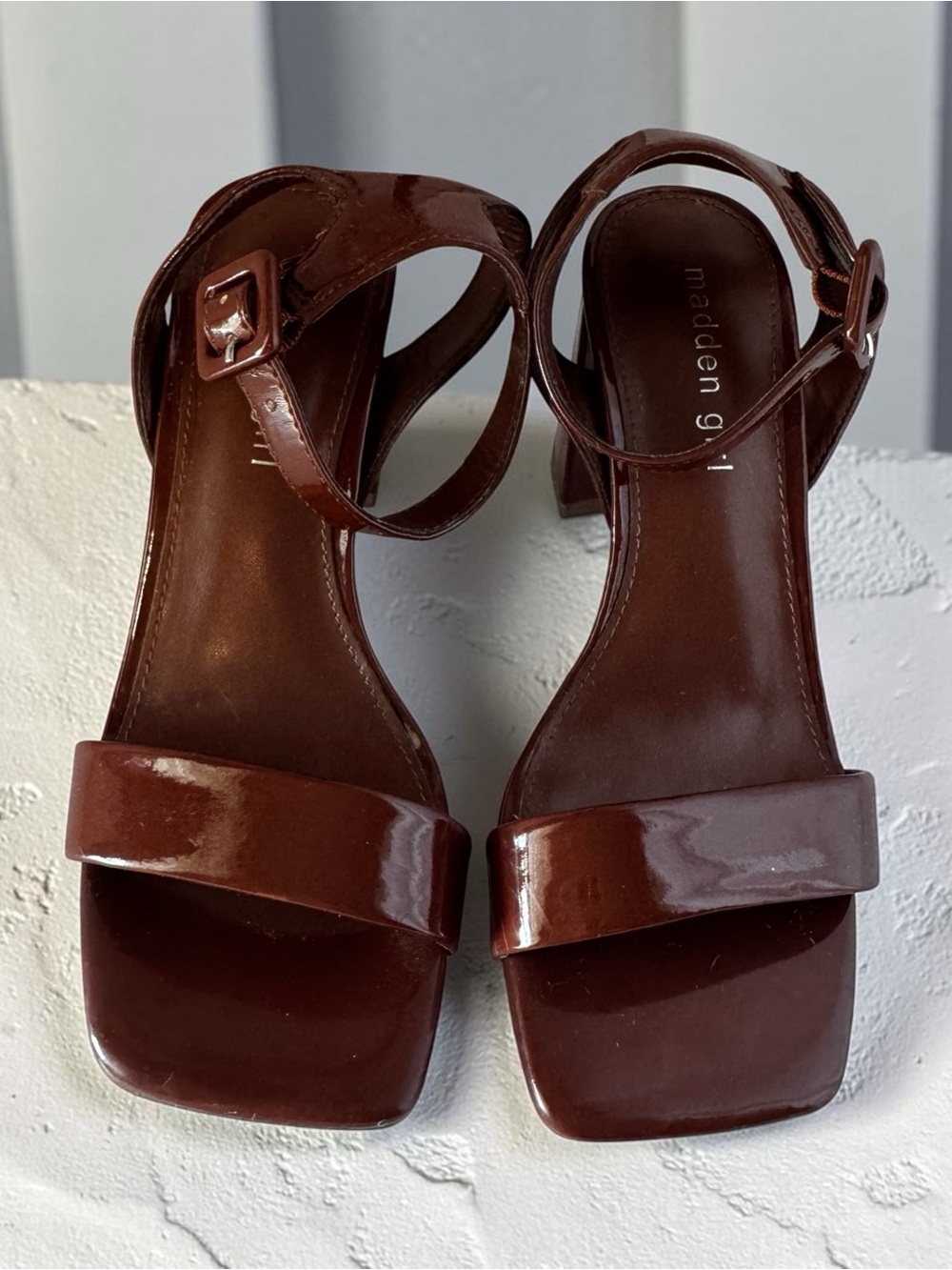 Madden Girl Chocolate Patent Square-Toe Ankle Strap Block Heels
